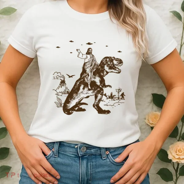 Jesus Riding Dinosaur Ufo Funny Women's T-Shirt