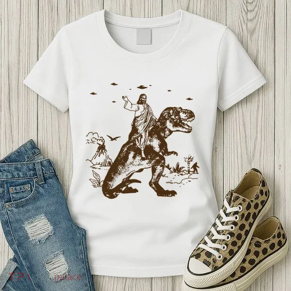 Jesus Riding Dinosaur Ufo Funny Women's T-Shirt