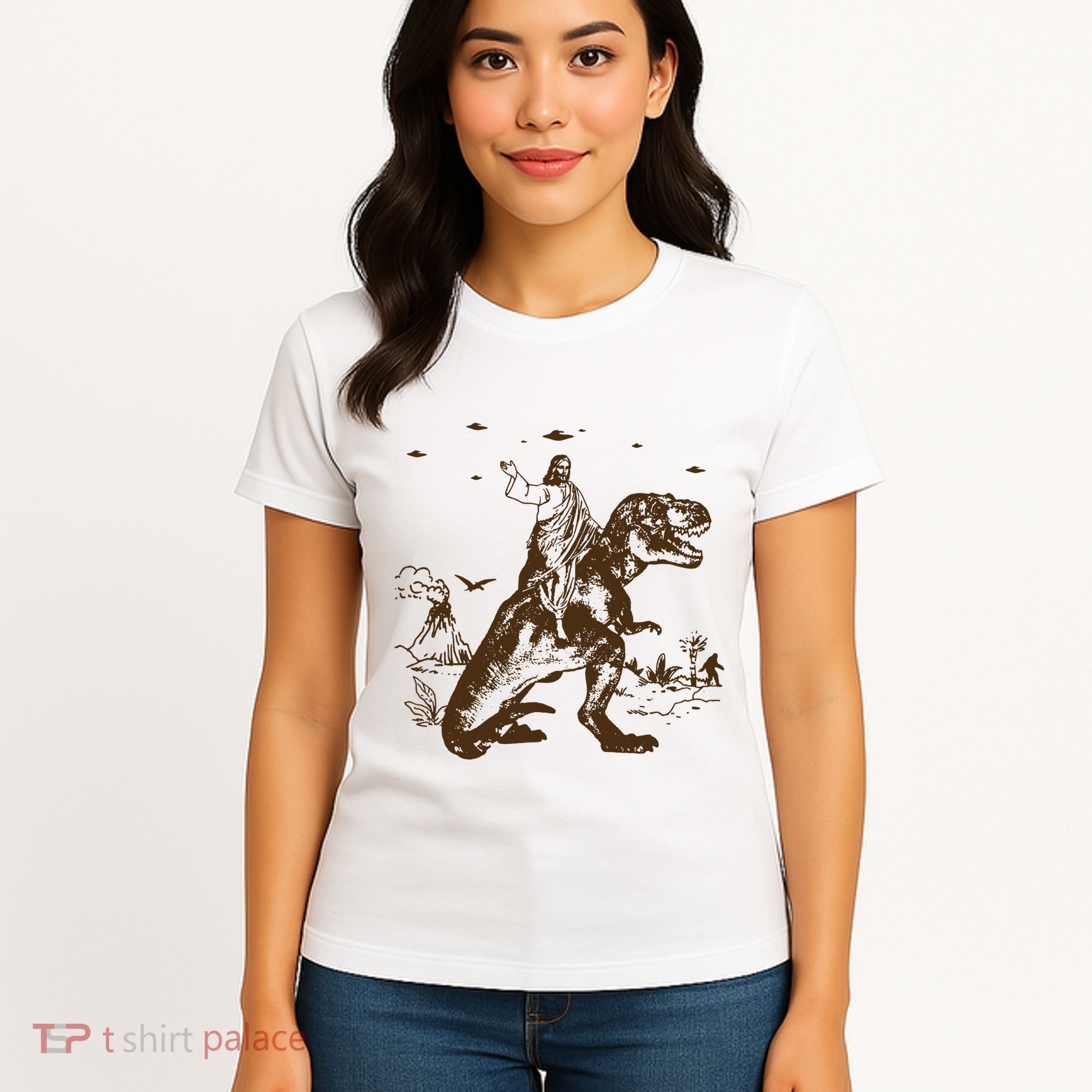 Jesus Riding Dinosaur Ufo Funny Women's T-Shirt