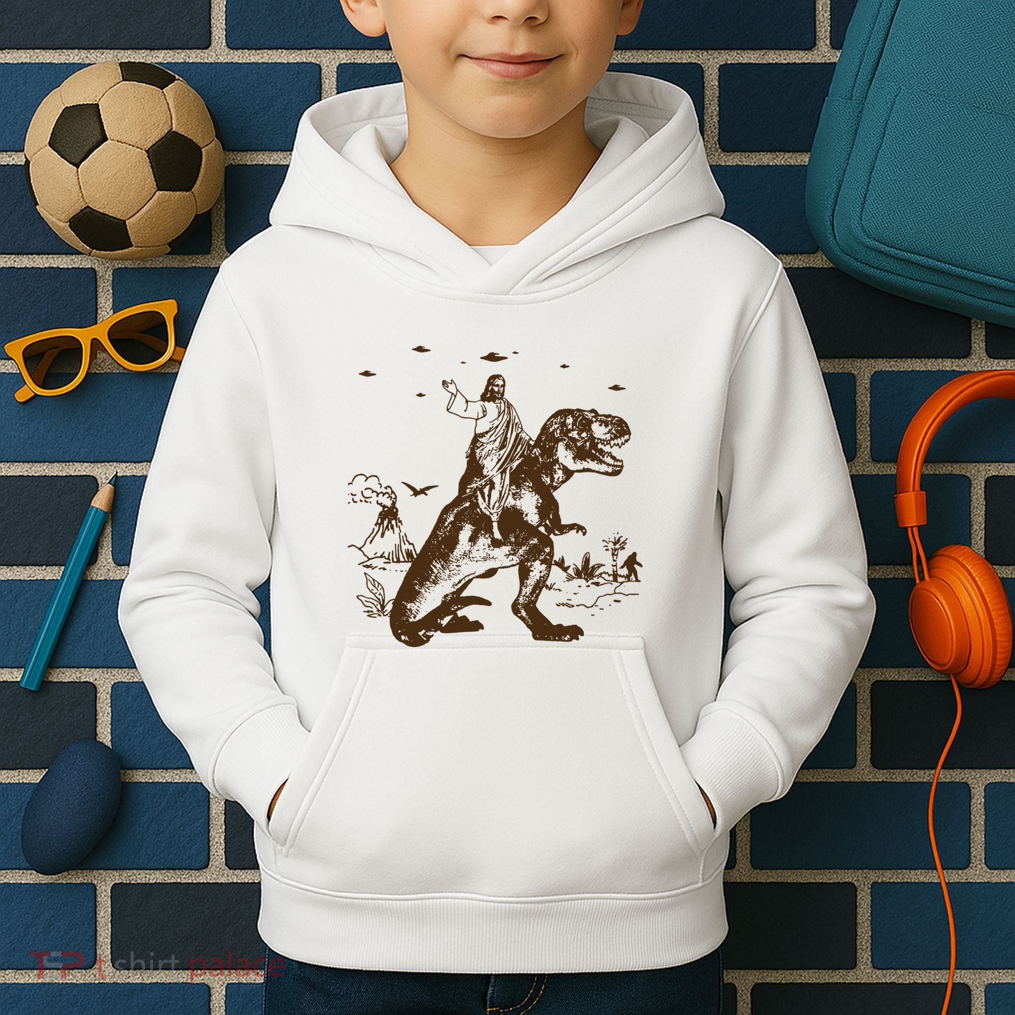 Jesus Riding Dinosaur Ufo Funny Kids Hoodie