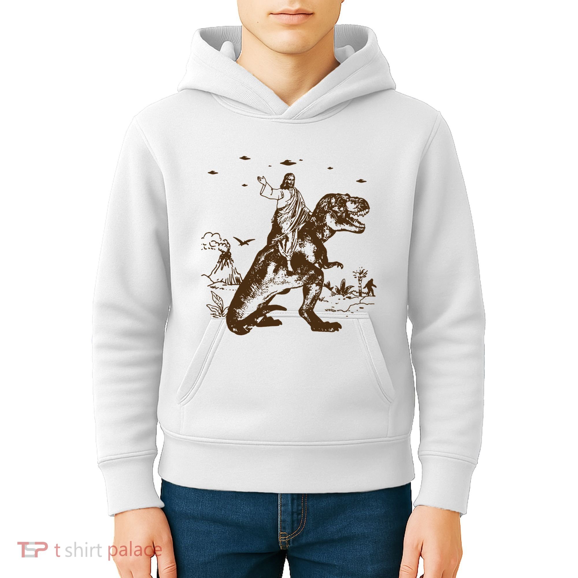 Jesus Riding Dinosaur Ufo Funny Kids Hoodie