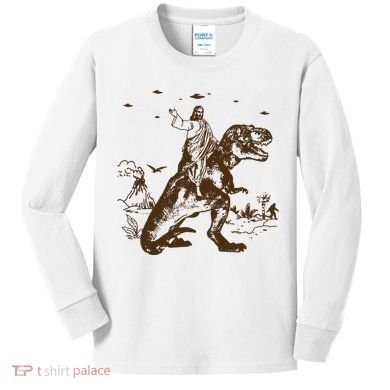 Jesus Riding Dinosaur Ufo Funny Kids Long Sleeve Shirt
