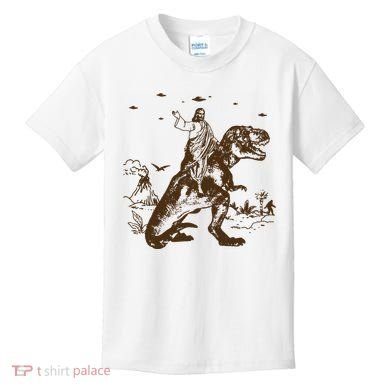 Jesus Riding Dinosaur Ufo Funny Kids T-Shirt