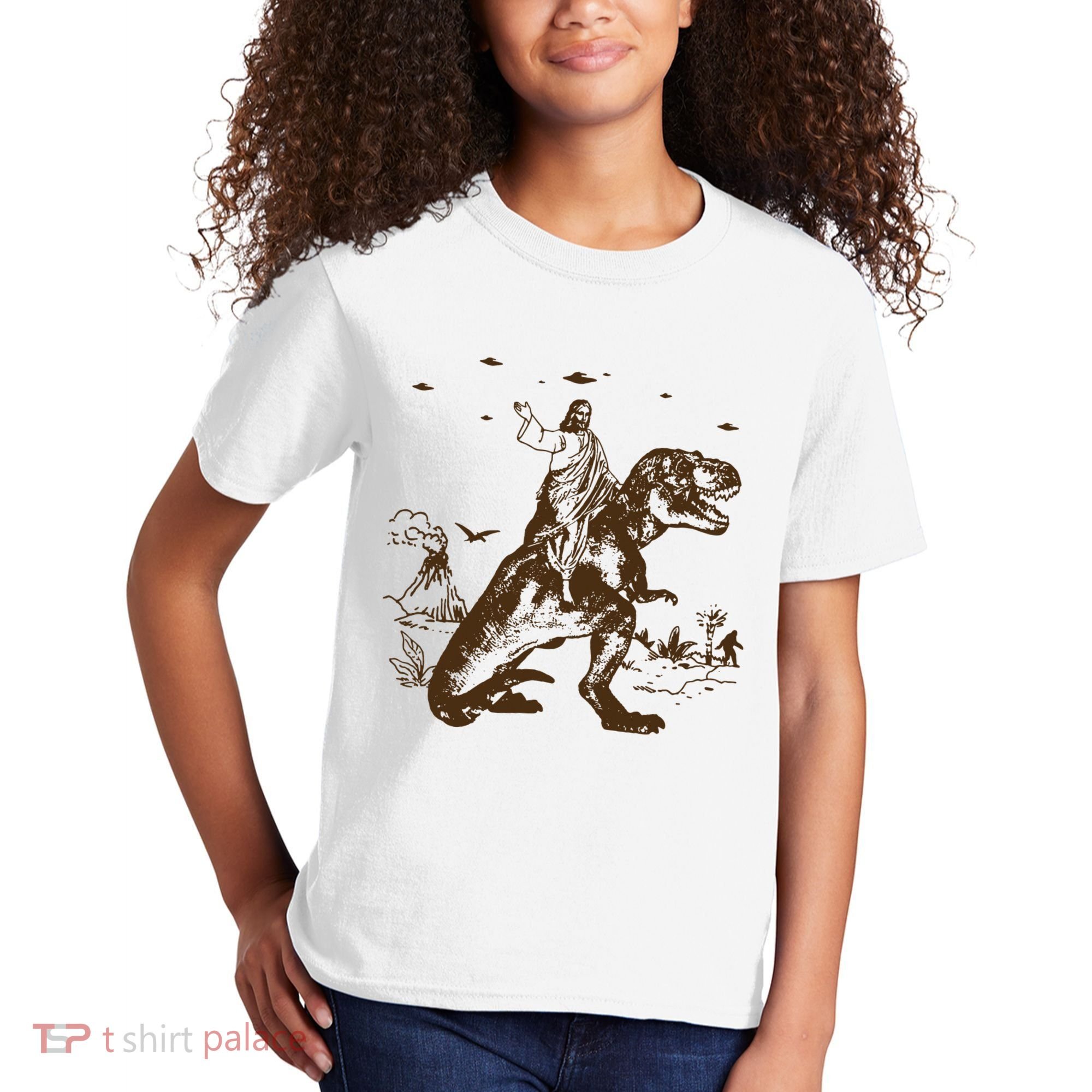 Jesus Riding Dinosaur Ufo Funny Kids T-Shirt
