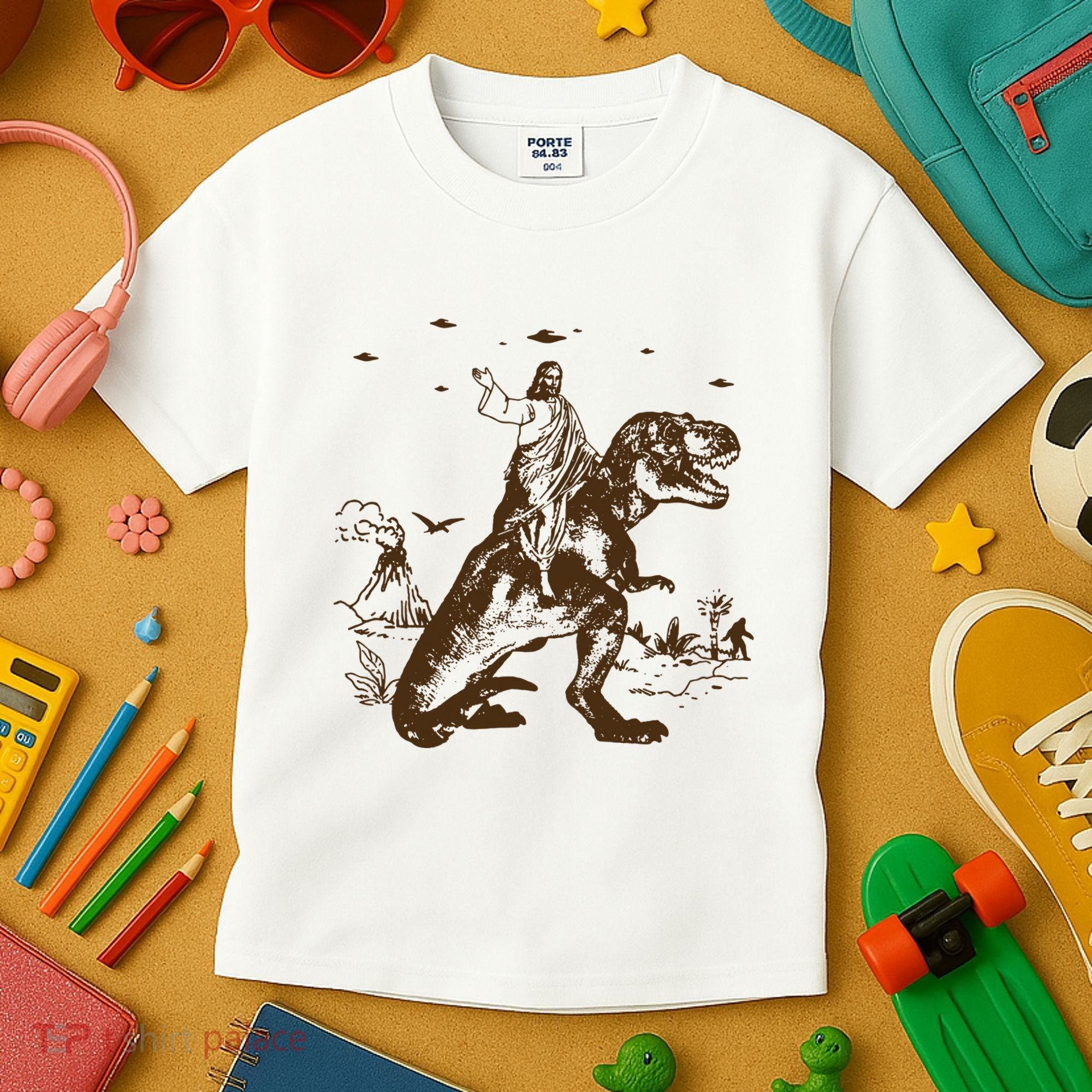 Jesus Riding Dinosaur Ufo Funny Kids T-Shirt