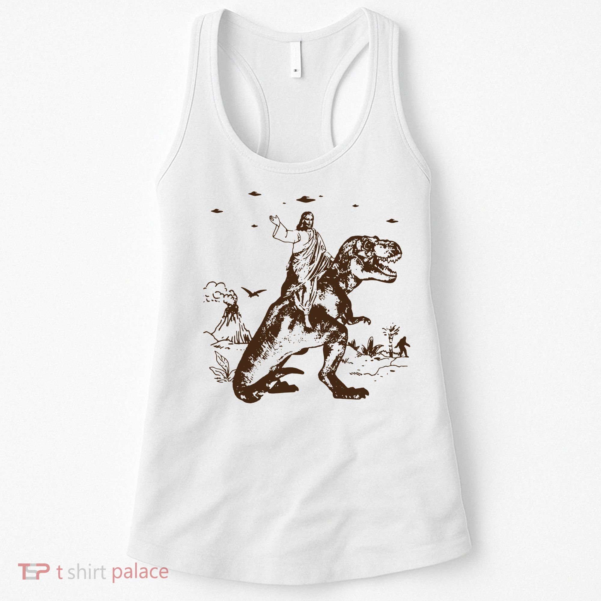 Jesus Riding Dinosaur T Shirt UFO T Shirt Funny T Shirts Offensive Cool Women's Tank Top