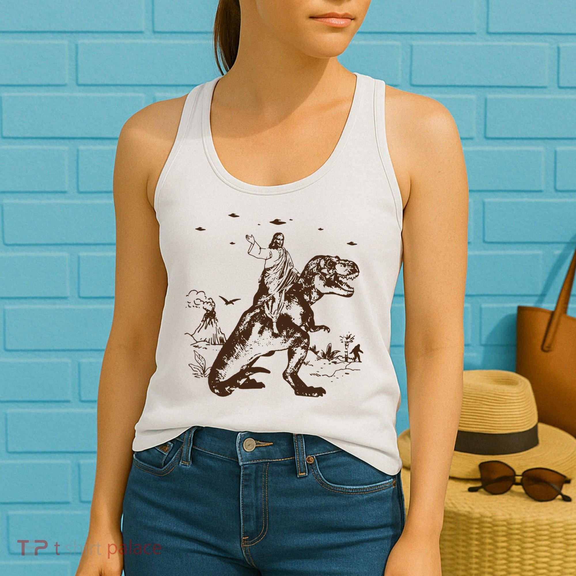 Jesus Riding Dinosaur T Shirt UFO T Shirt Funny T Shirts Offensive Cool Women's Tank Top