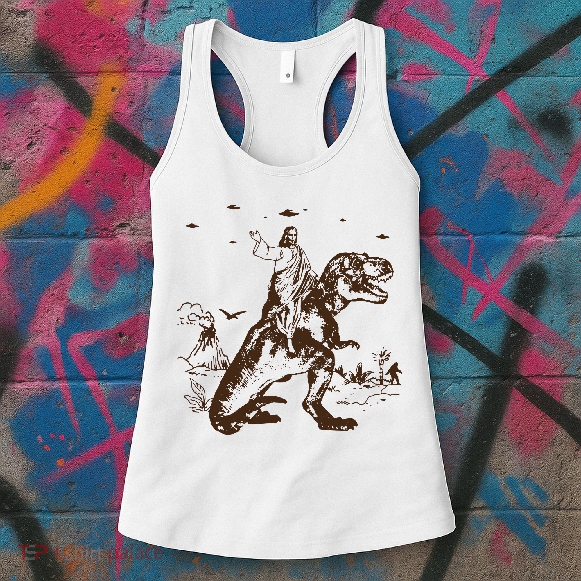 Jesus Riding Dinosaur T Shirt UFO T Shirt Funny T Shirts Offensive Cool Women's Tank Top