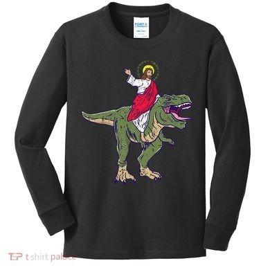 Jesus Riding Dinosaur Vintage Kids Long Sleeve Shirt