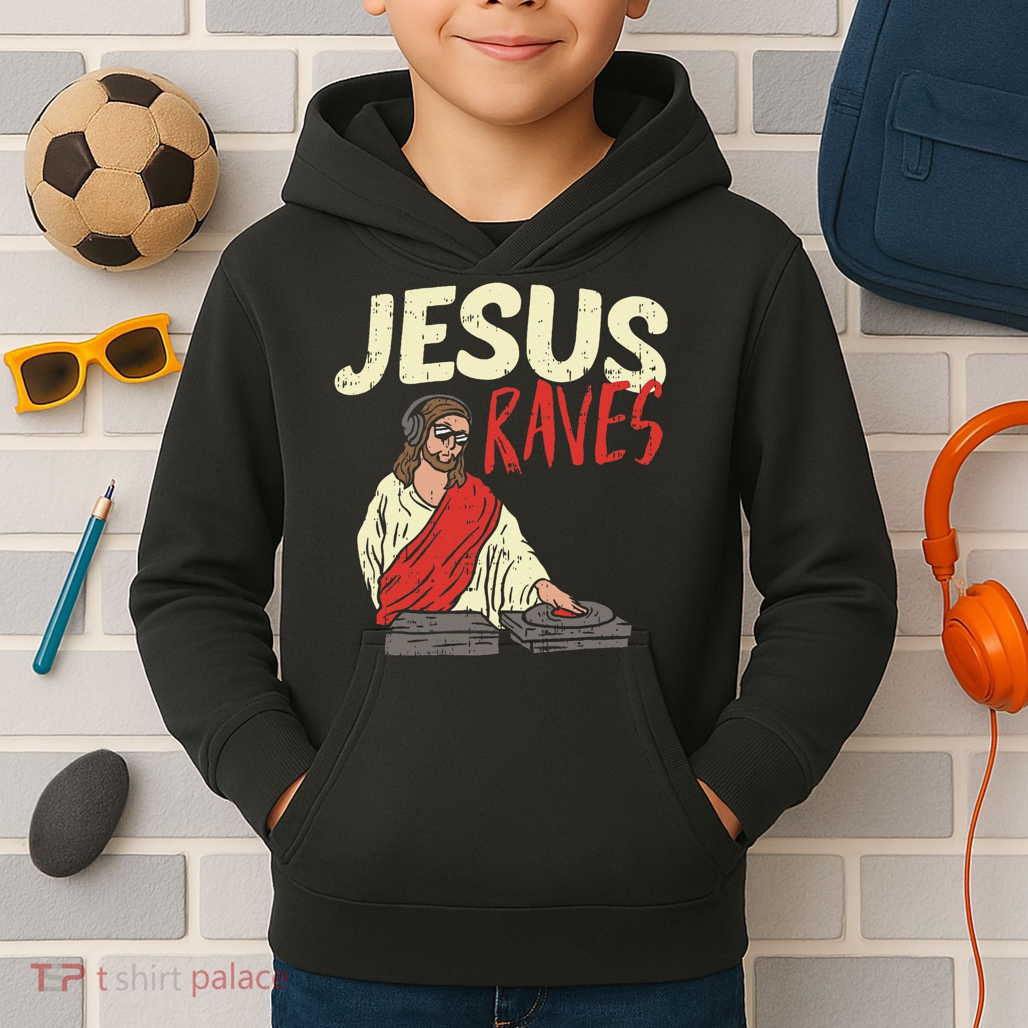 Jesus Raves Funny Electronic Music EDM Festival DJ Gift Kids Hoodie