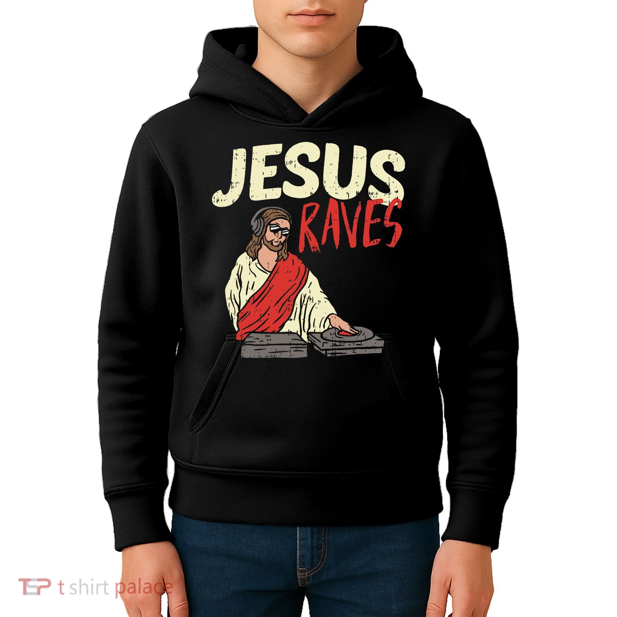 Jesus Raves Funny Electronic Music EDM Festival DJ Gift Kids Hoodie