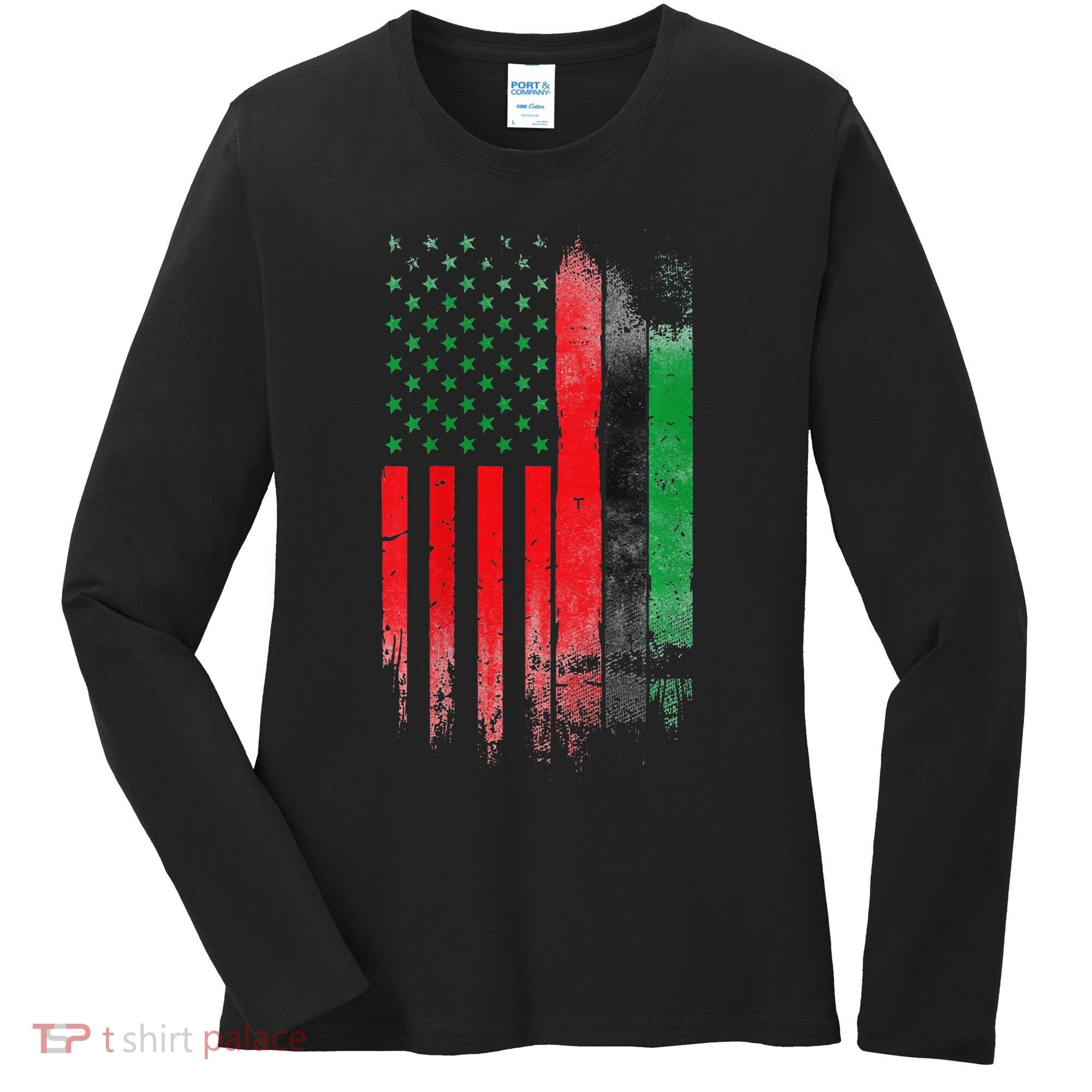Juneteenth Red Green Black History American African flag Women's Long Sleeve Shirt