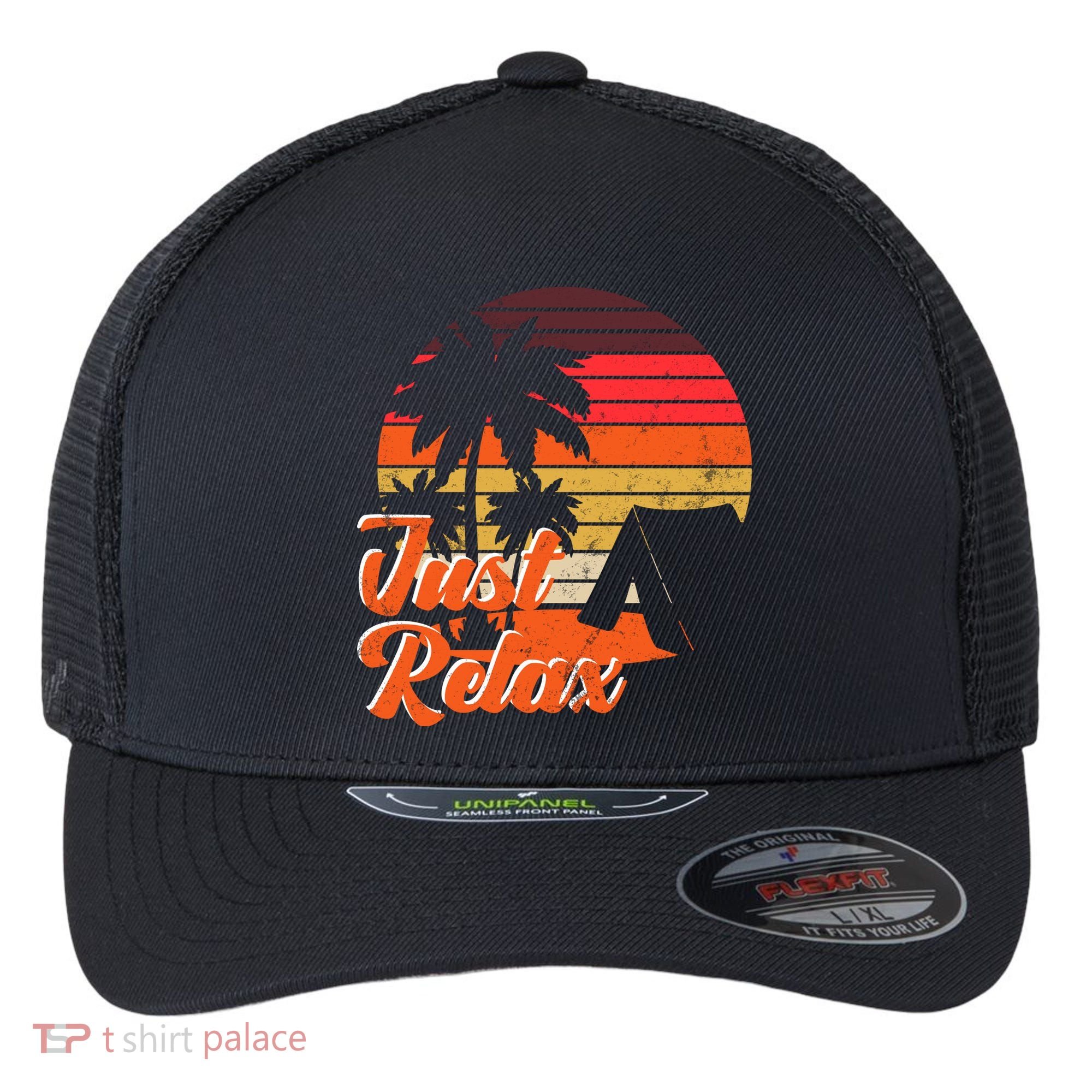 Just Relax Retro Sunset Vacation Flexfit Unipanel Trucker Cap