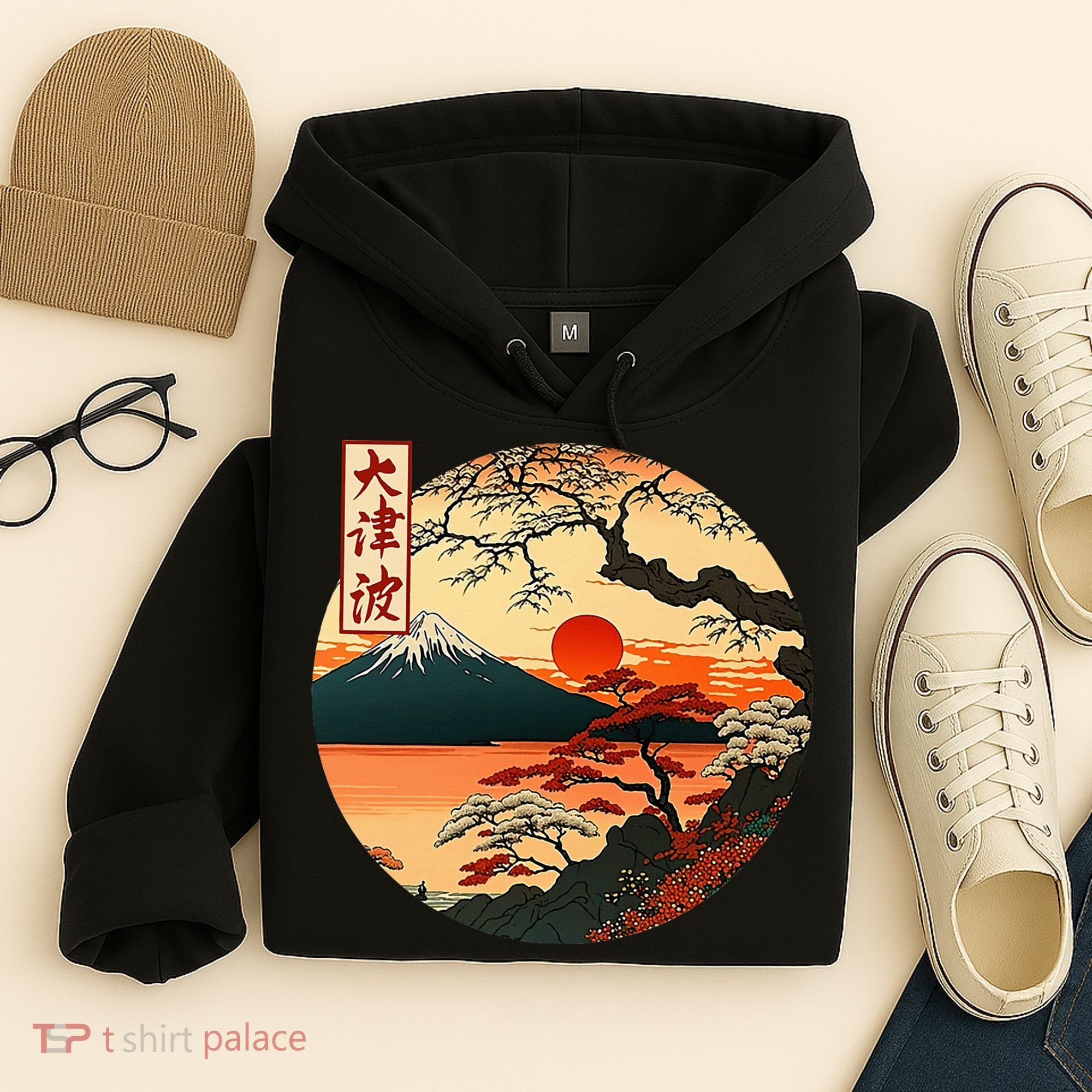 Japanese Red Sunset And Mountain Fuji Kanji Hoodie