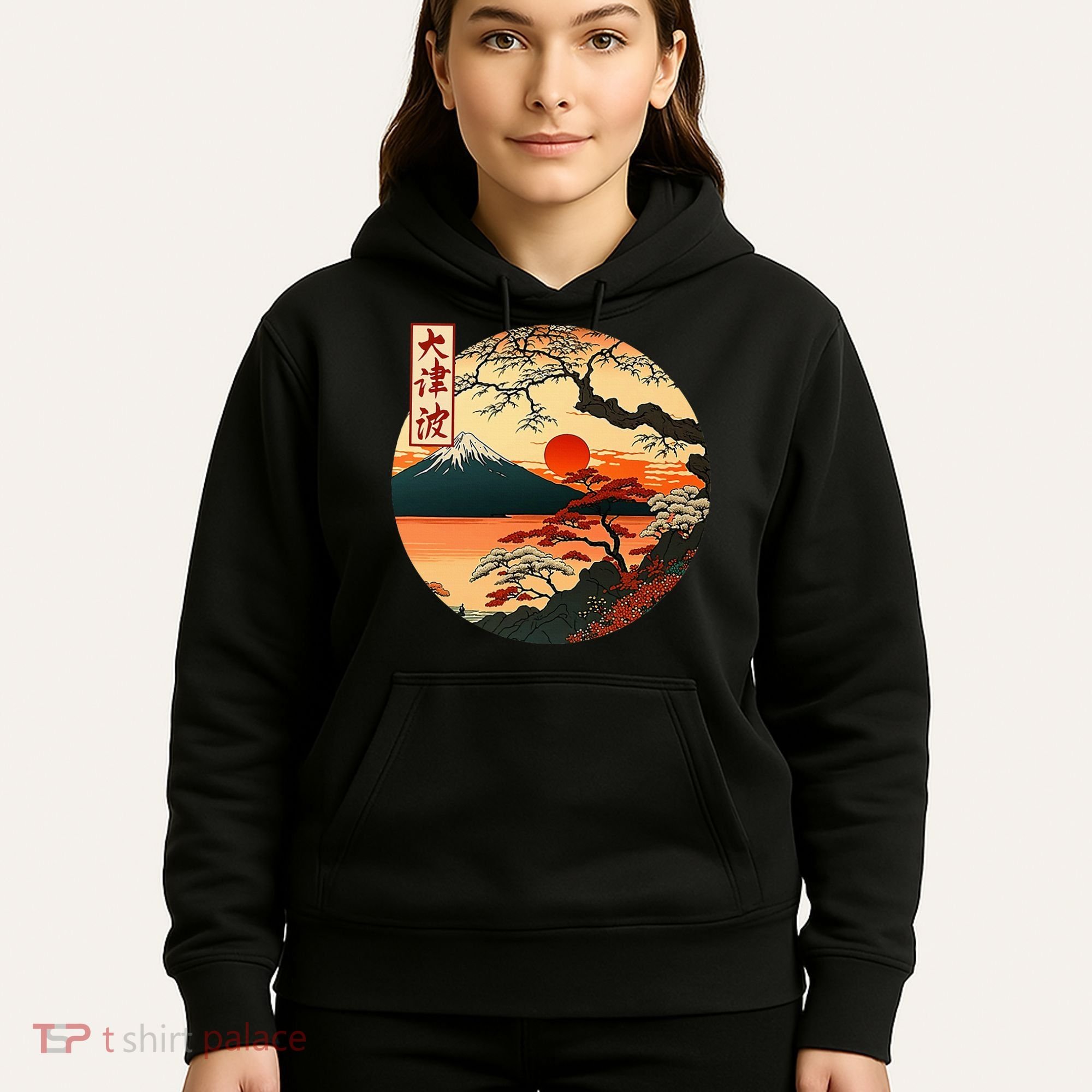 Japanese Red Sunset And Mountain Fuji Kanji Hoodie