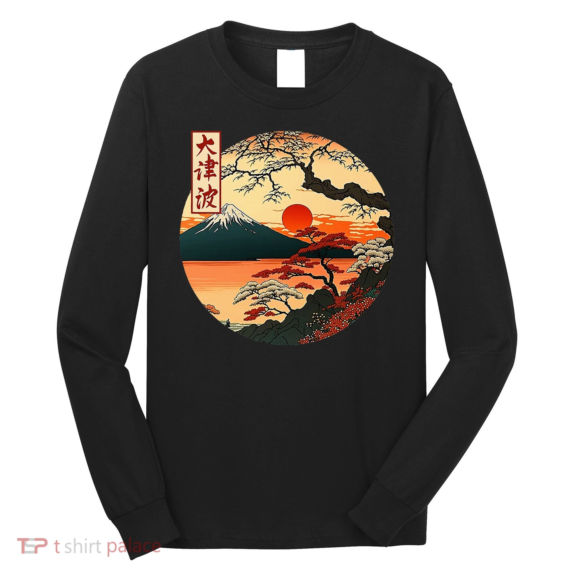 Japanese Red Sunset And Mountain Fuji Kanji Long Sleeve Shirt