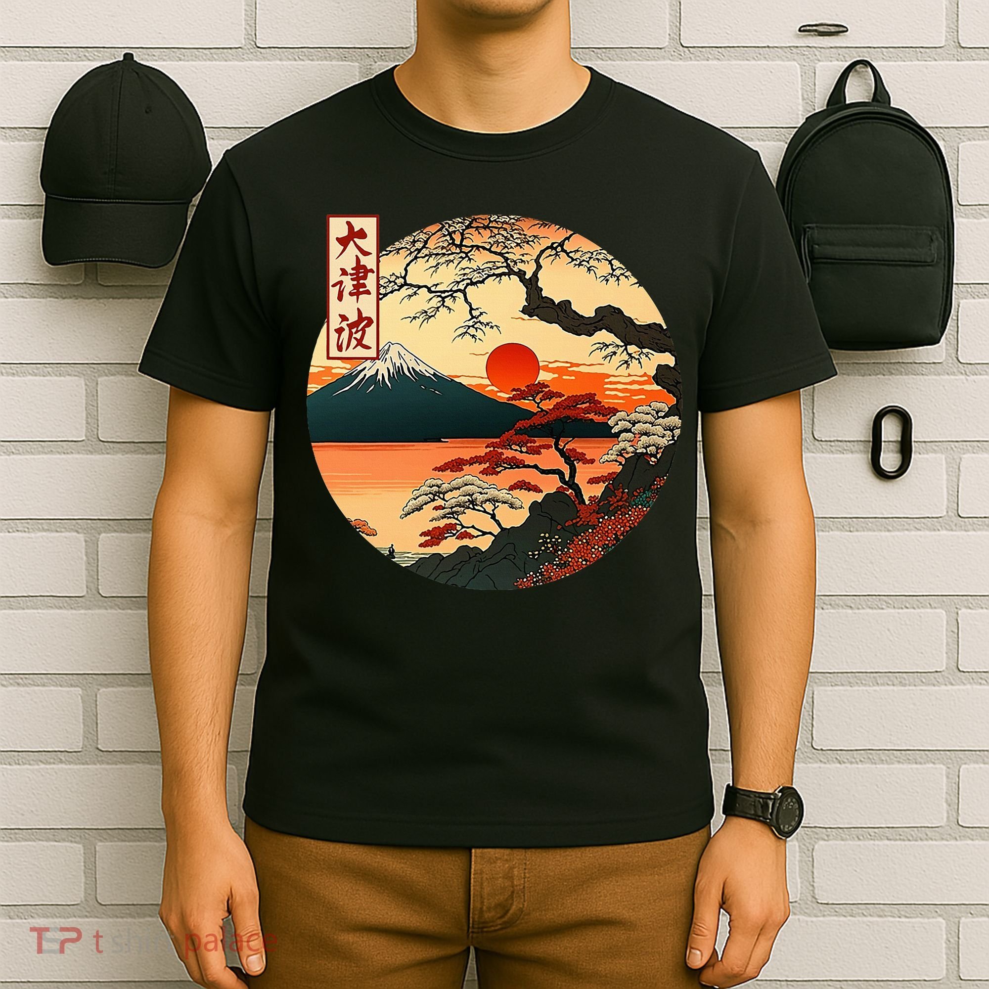 Japanese Red Sunset And Mountain Fuji Kanji T-Shirt