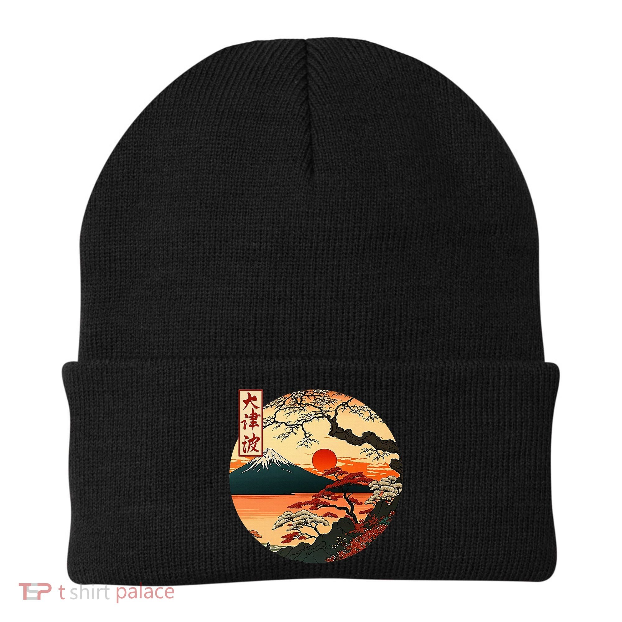 Japanese Red Sunset And Mountain Fuji Kanji Beanie
