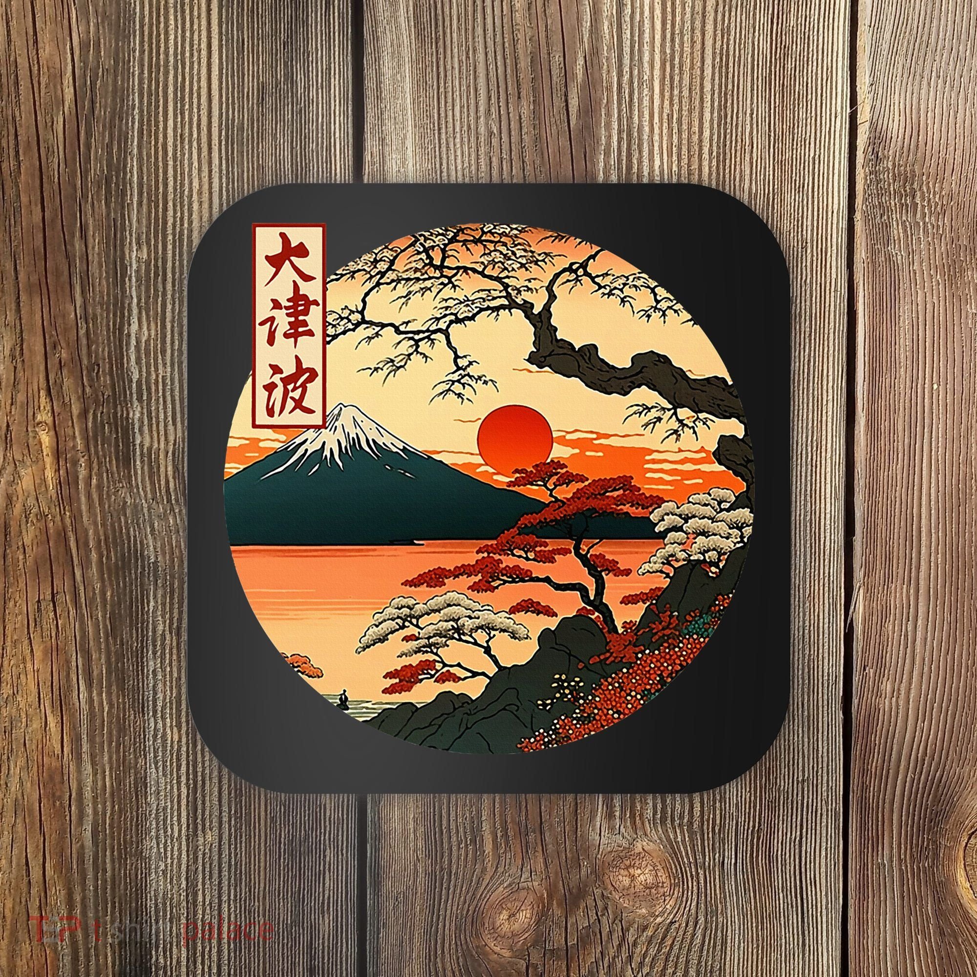 Japanese Red Sunset And Mountain Fuji Kanji Coaster