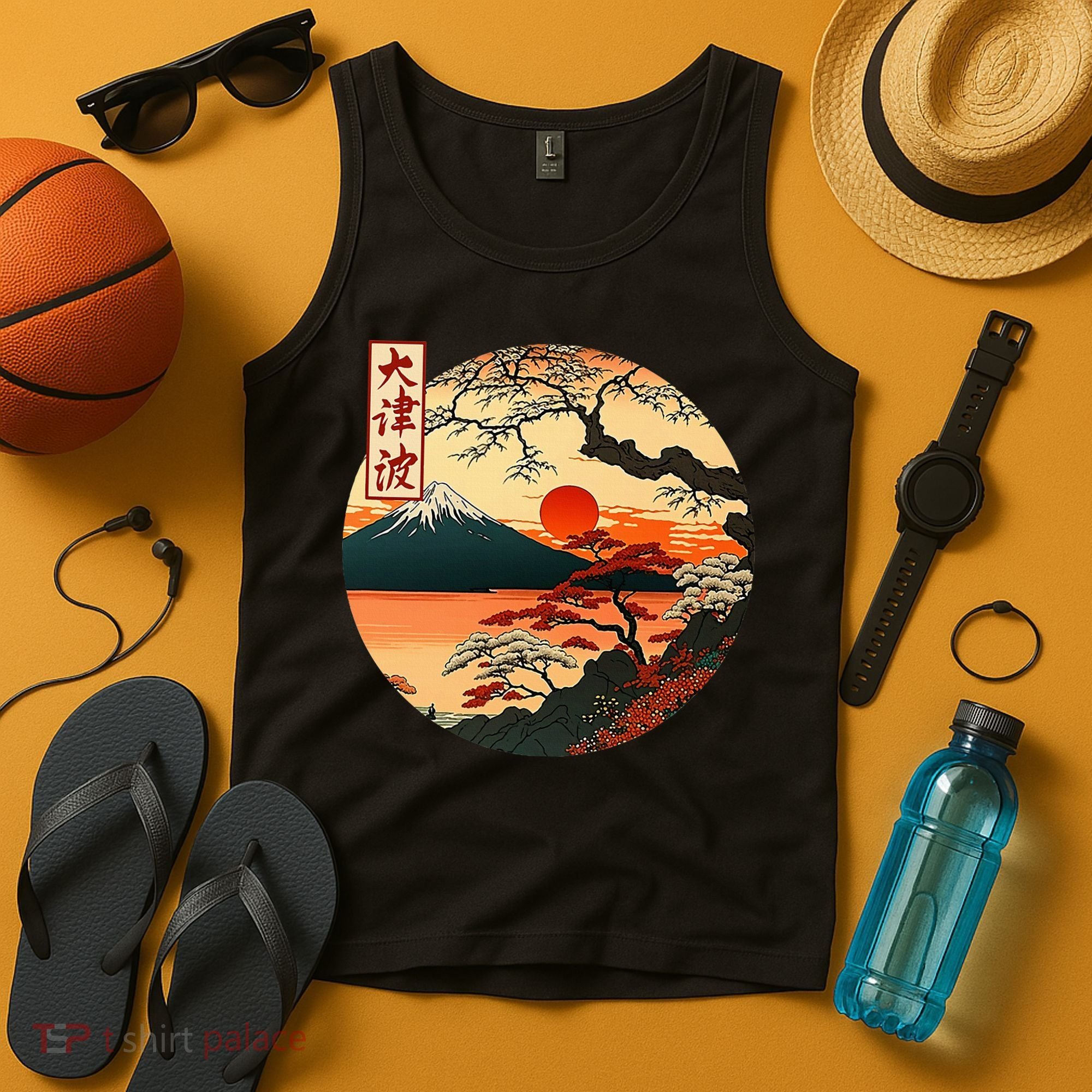 Japanese Red Sunset And Mountain Fuji Kanji Tank Top