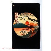 Japanese Red Sunset And Mountain Fuji Kanji Golf Towel thumb 0