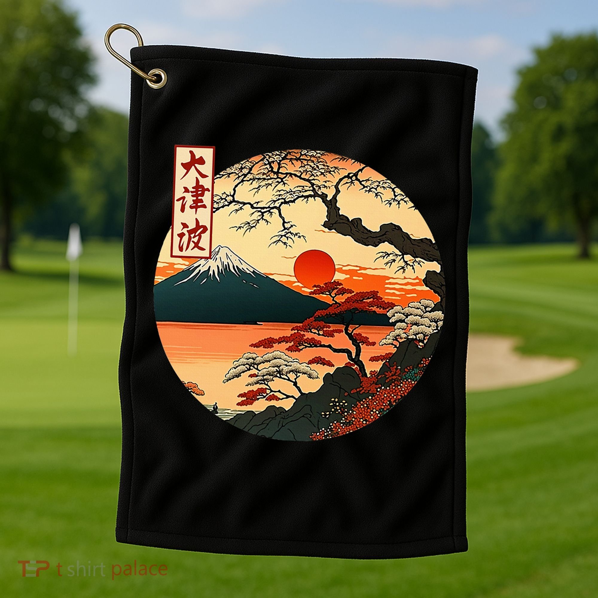 Japanese Red Sunset And Mountain Fuji Kanji Golf Towel