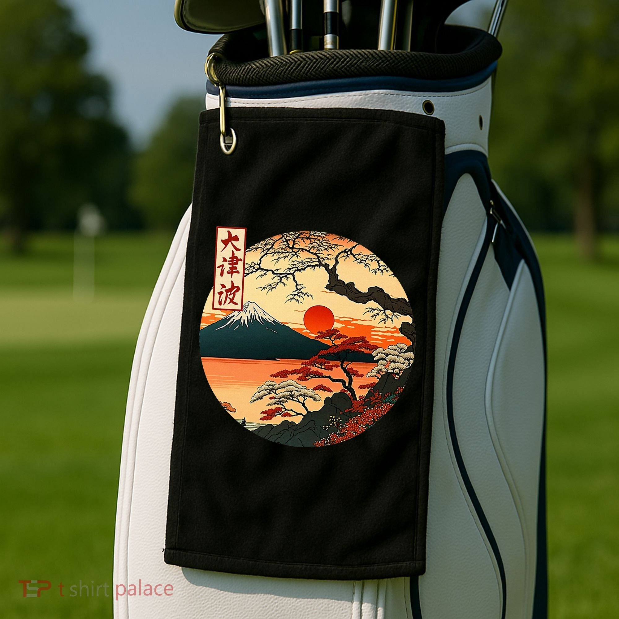 Japanese Red Sunset And Mountain Fuji Kanji Golf Towel