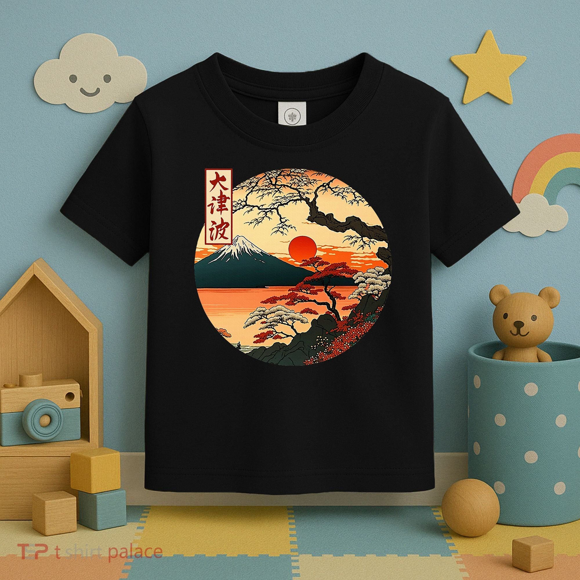 Japanese Red Sunset And Mountain Fuji Kanji Toddler T-Shirt