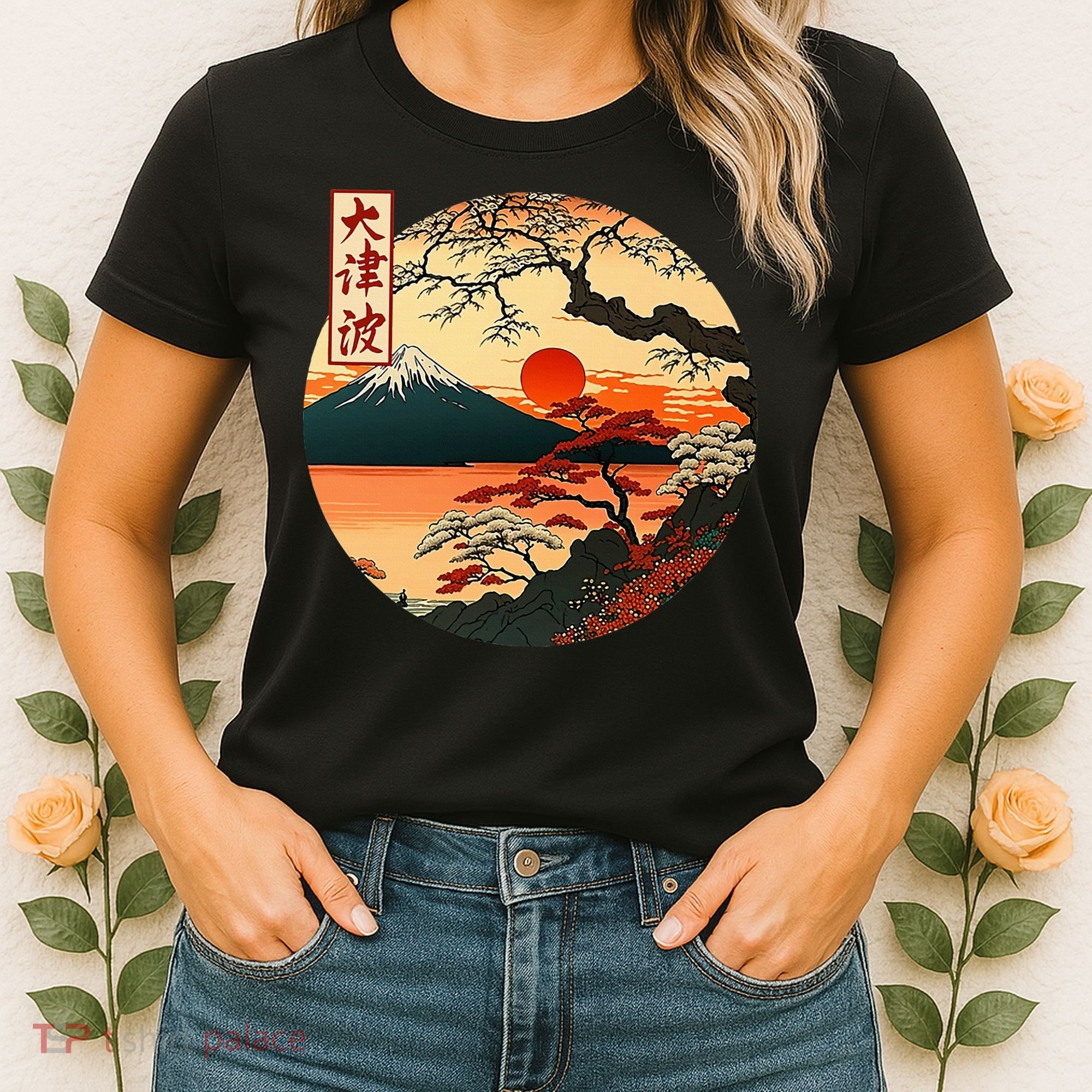 Japanese Red Sunset And Mountain Fuji Kanji Women's T-Shirt