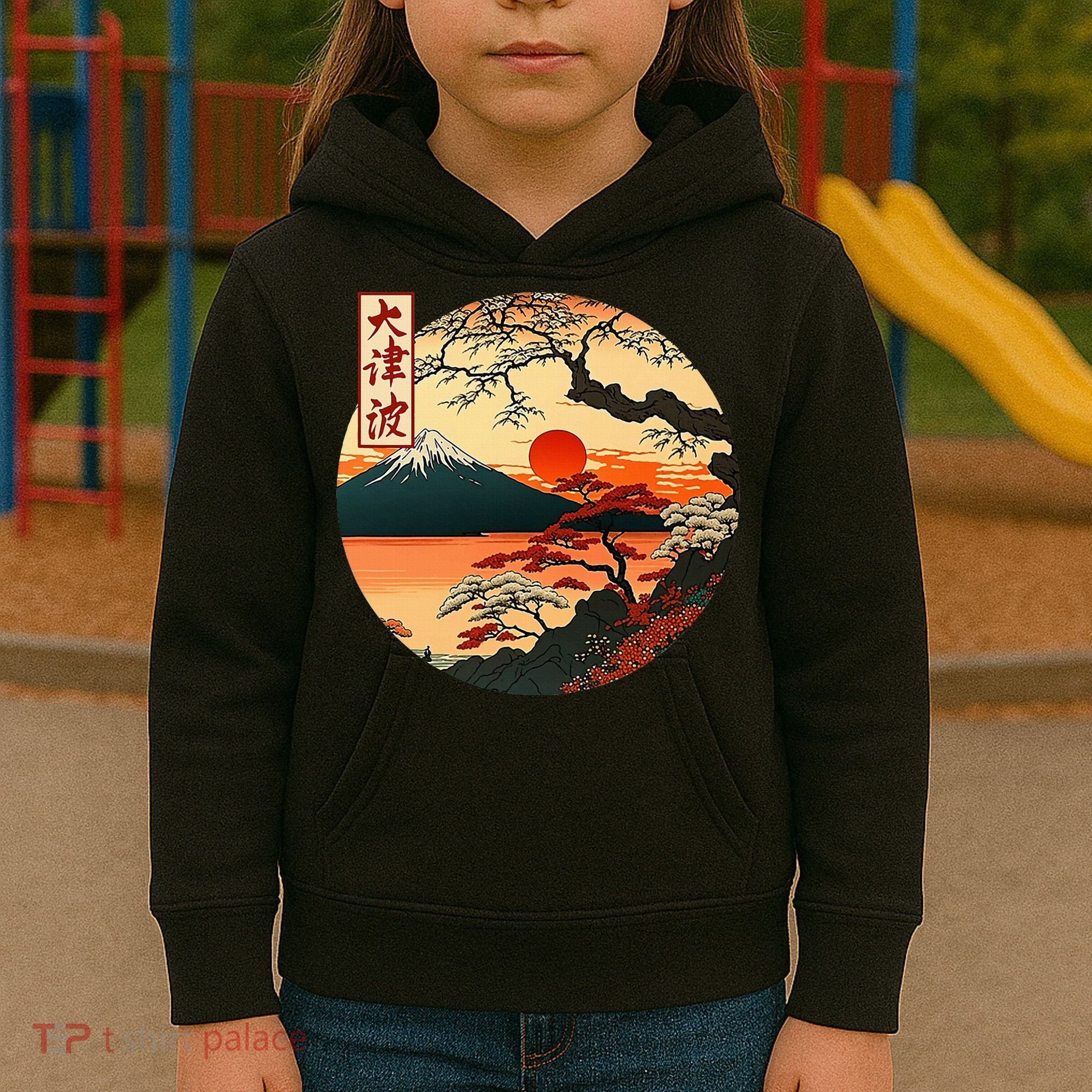 Japanese Red Sunset And Mountain Fuji Kanji Kids Hoodie