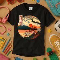 Japanese Red Sunset And Mountain Fuji Kanji Kids T-Shirt thumb 3