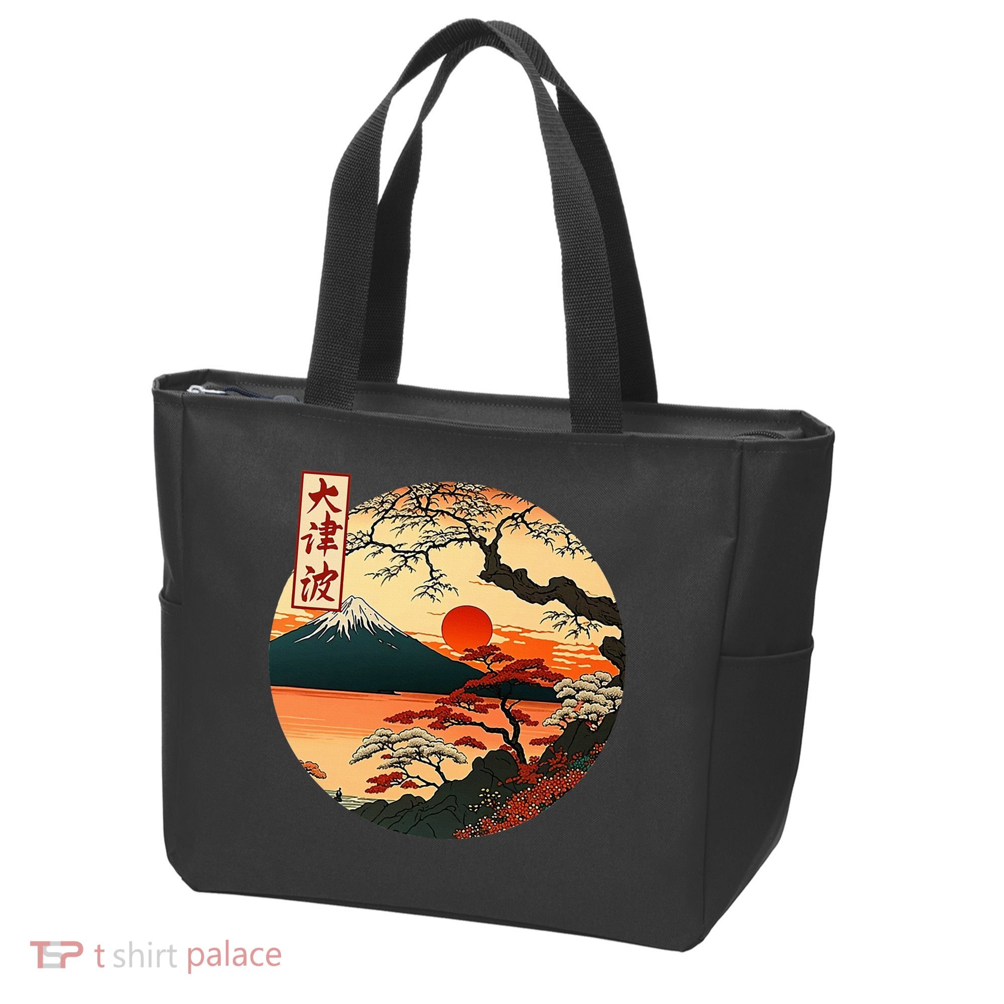 Japanese Red Sunset And Mountain Fuji Kanji Tote Bag