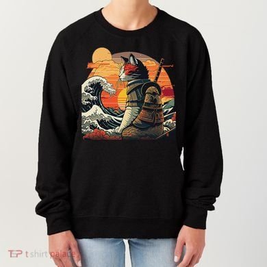 Japanese Retro Samurai Cat The Great Wave By Hokusai Women's Sweatshirt