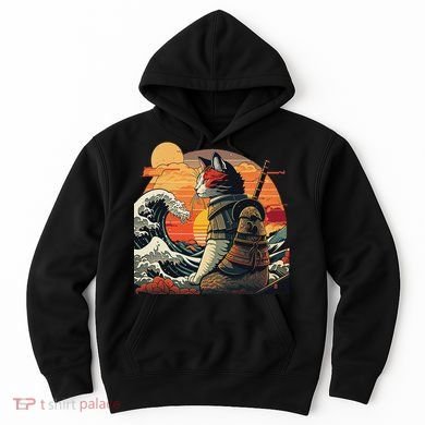 Japanese Retro Samurai Cat The Great Wave By Hokusai Hoodie