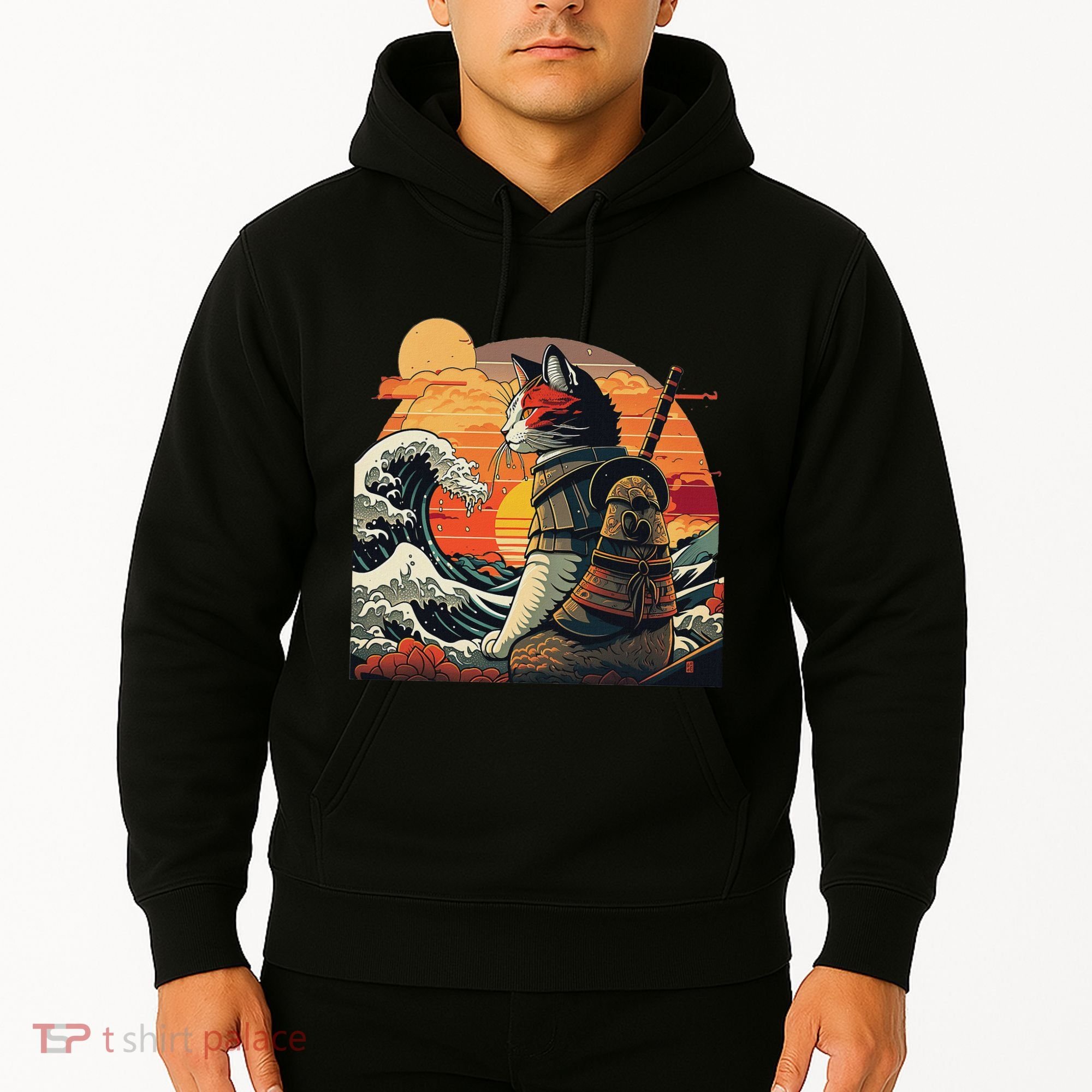 Japanese Retro Samurai Cat The Great Wave By Hokusai Hoodie