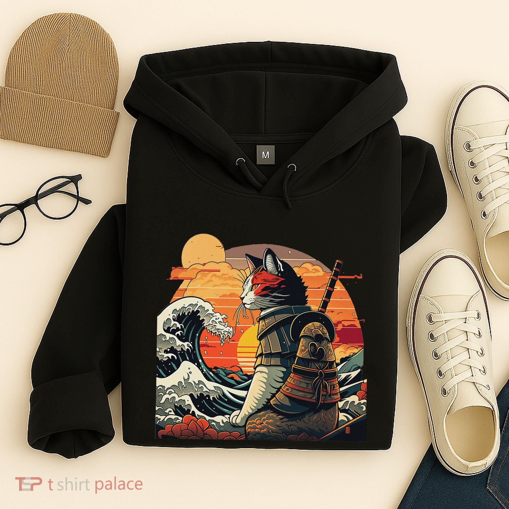Japanese Retro Samurai Cat The Great Wave By Hokusai Hoodie
