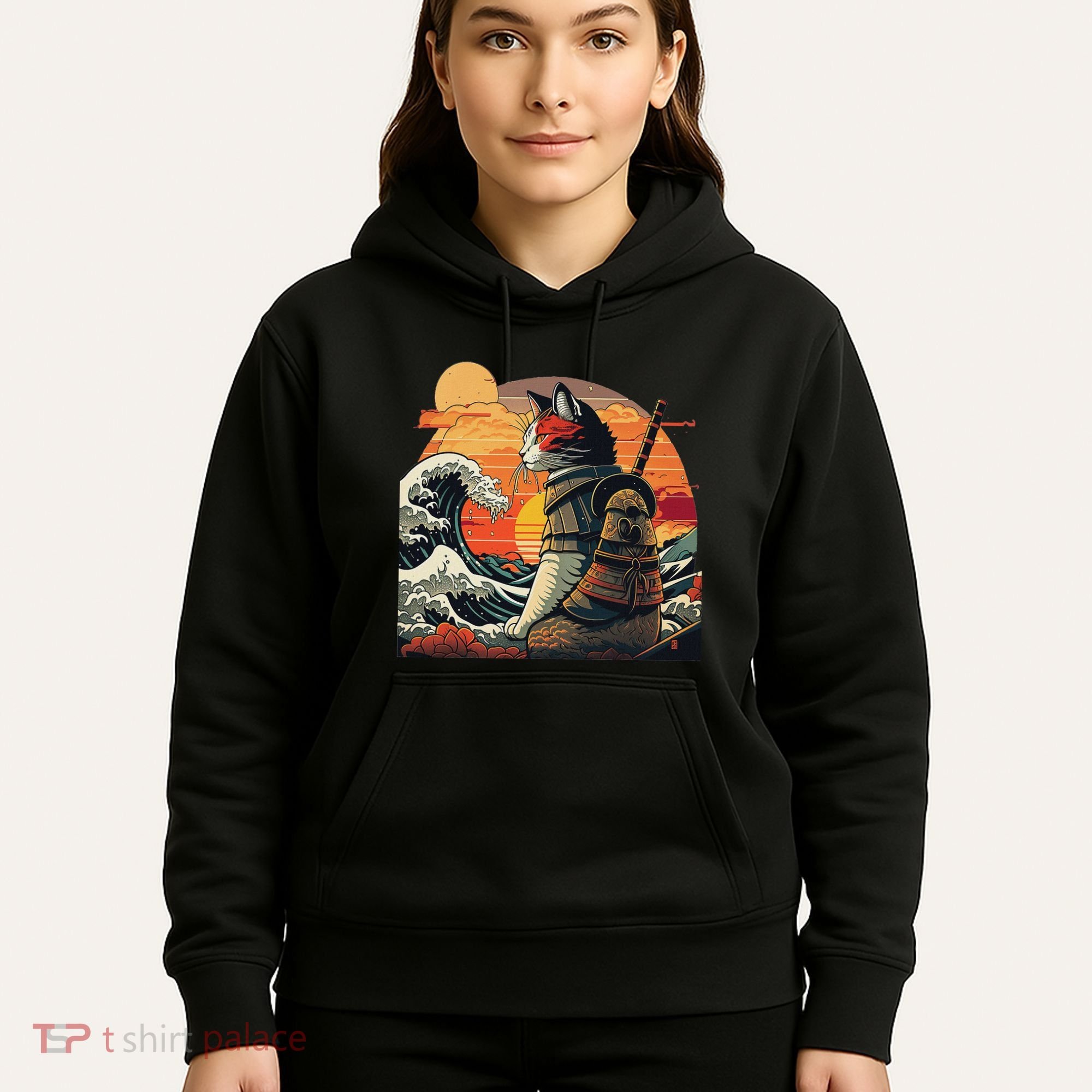 Japanese Retro Samurai Cat The Great Wave By Hokusai Hoodie