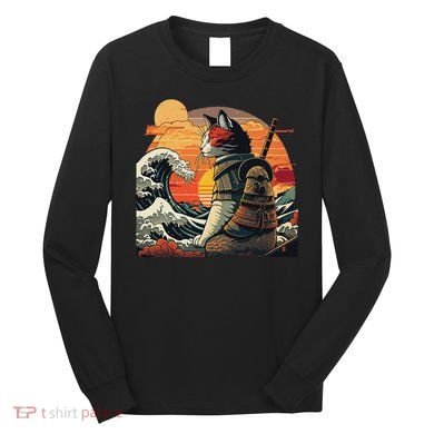Japanese Retro Samurai Cat The Great Wave By Hokusai Long Sleeve Shirt