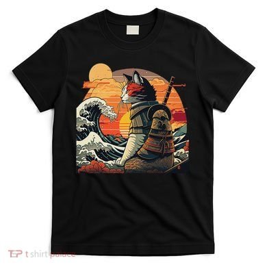 Japanese Retro Samurai Cat The Great Wave By Hokusai T-Shirt