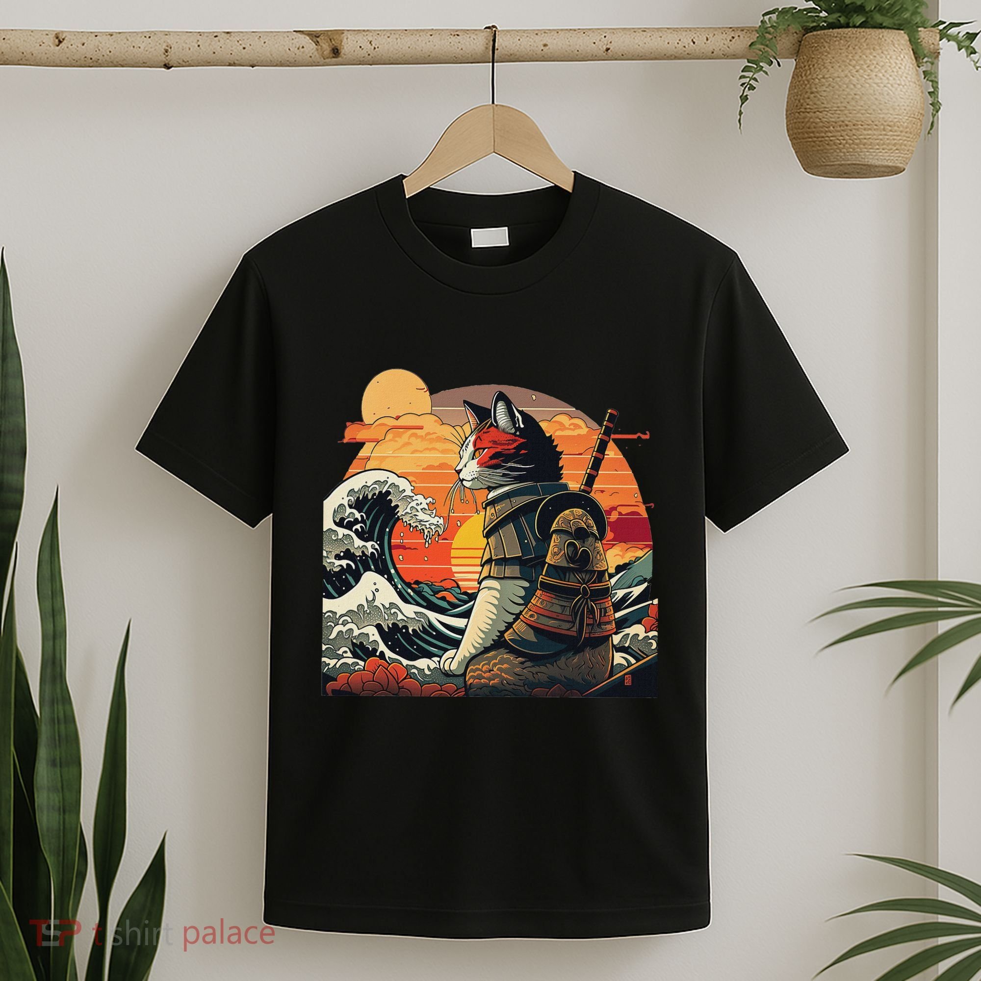 Japanese Retro Samurai Cat The Great Wave By Hokusai T-Shirt