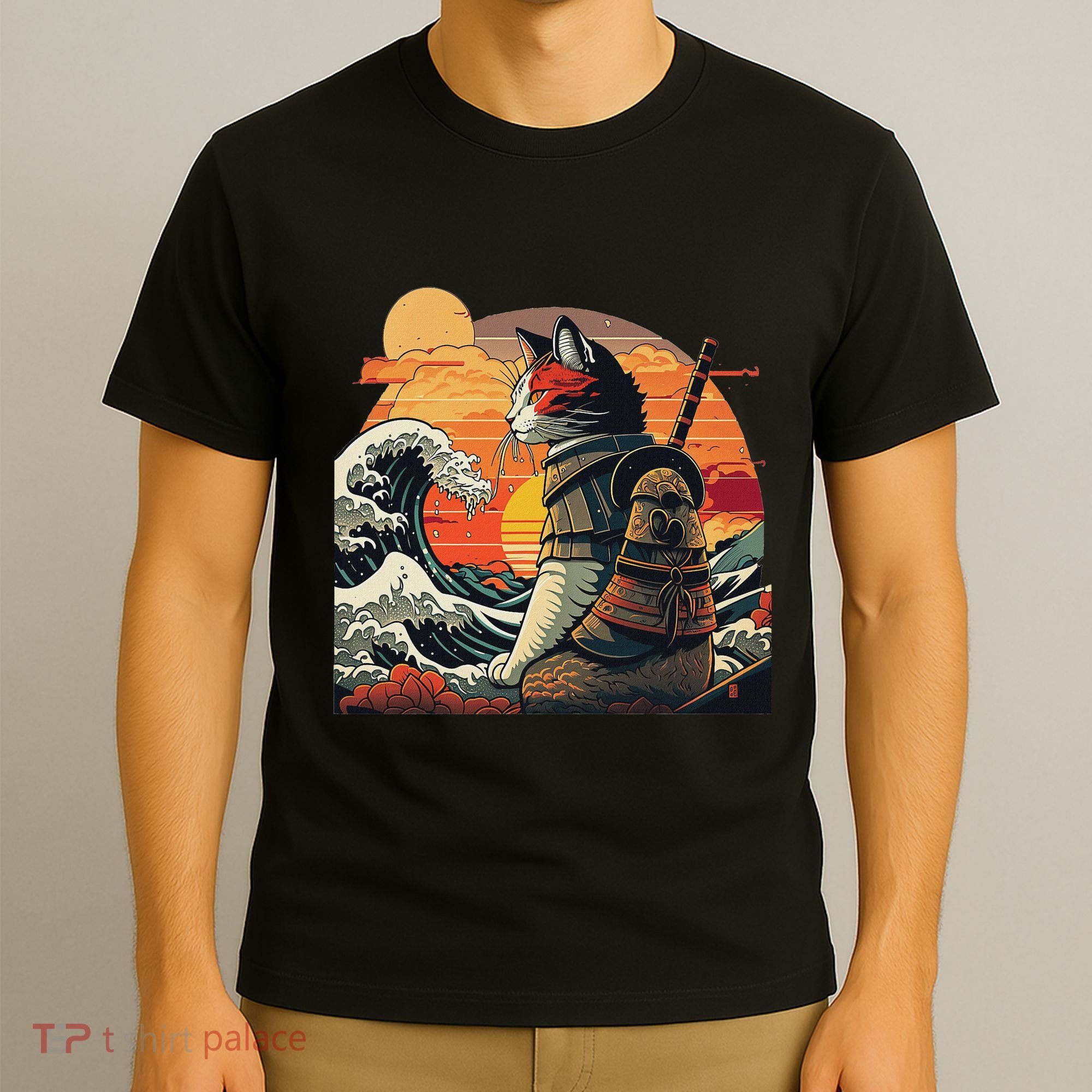 Japanese Retro Samurai Cat The Great Wave By Hokusai T-Shirt
