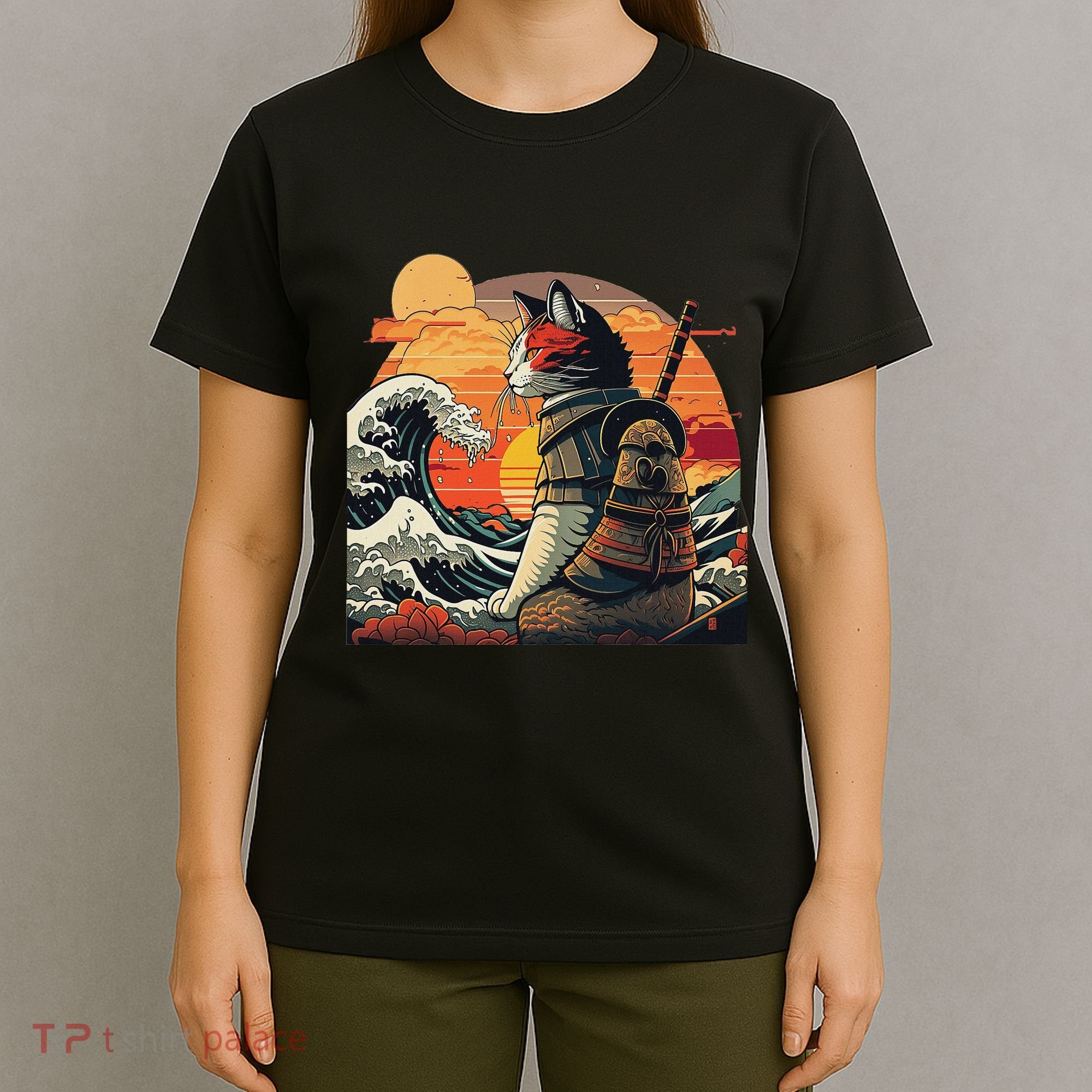 Japanese Retro Samurai Cat The Great Wave By Hokusai T-Shirt