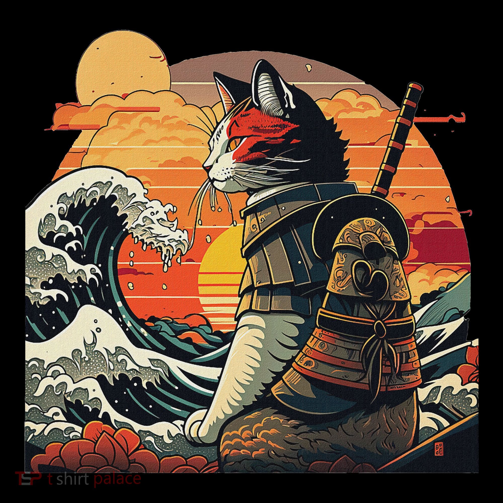 Japanese Retro Samurai Cat The Great Wave By Hokusai T-Shirt