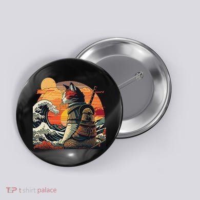 Japanese Retro Samurai Cat The Great Wave By Hokusai Button