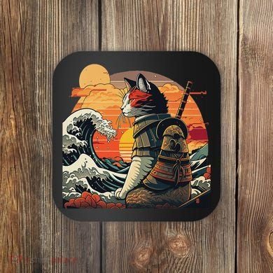 Japanese Retro Samurai Cat The Great Wave By Hokusai Coaster