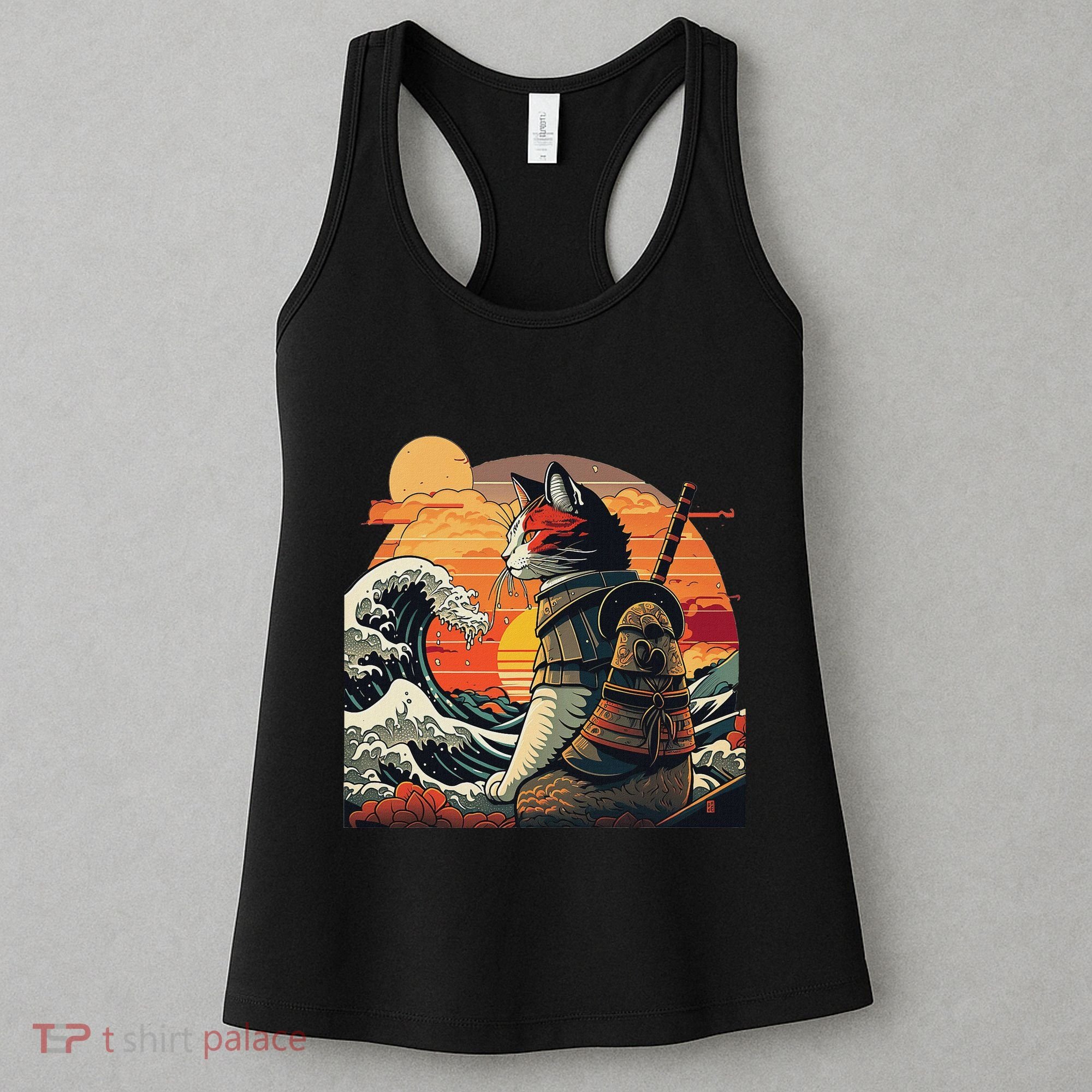 Japanese Retro Samurai Cat The Great Wave By Hokusai Women's Tank Top