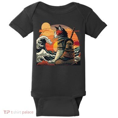 Japanese Retro Samurai Cat The Great Wave By Hokusai Baby Bodysuit