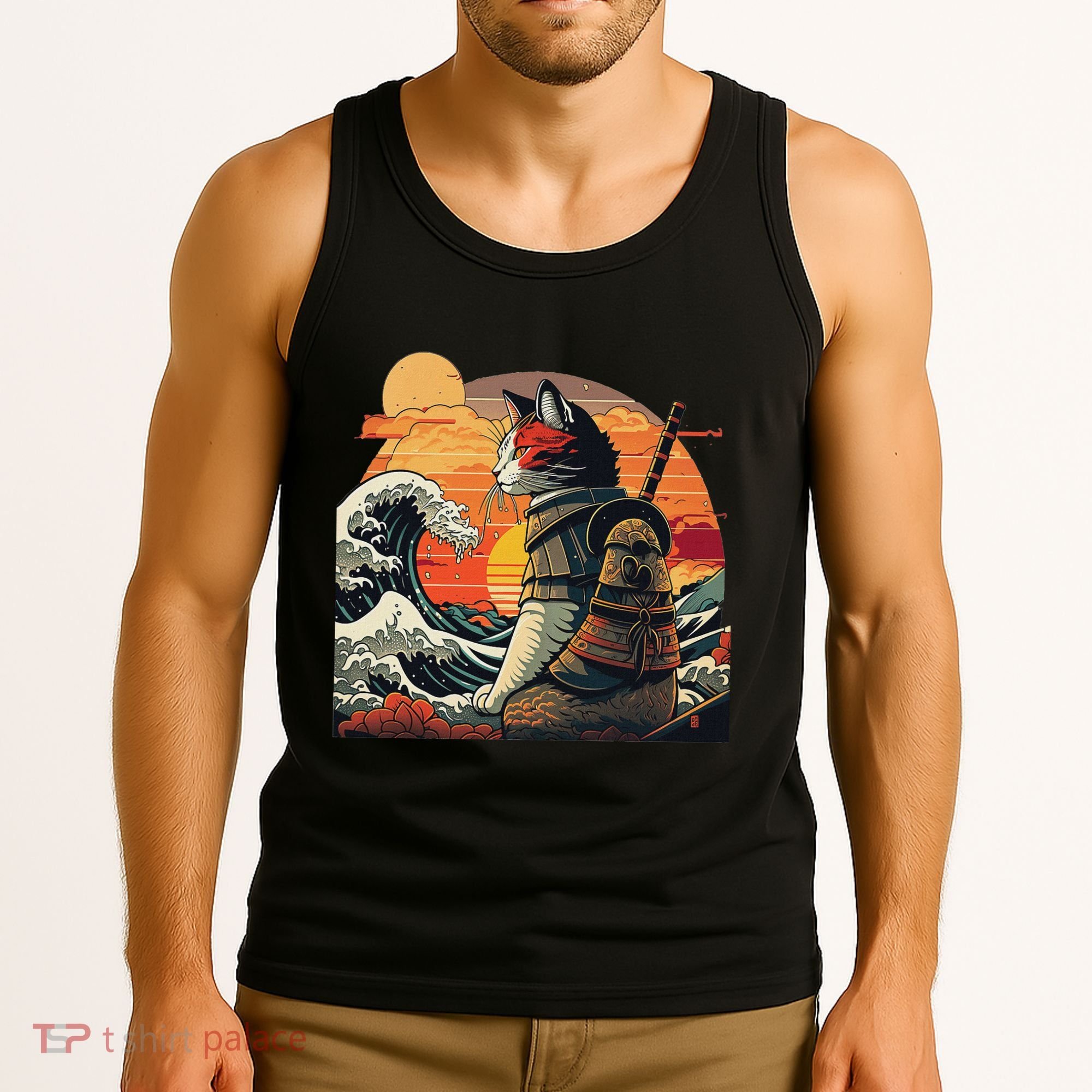 Japanese Retro Samurai Cat The Great Wave By Hokusai Tank Top