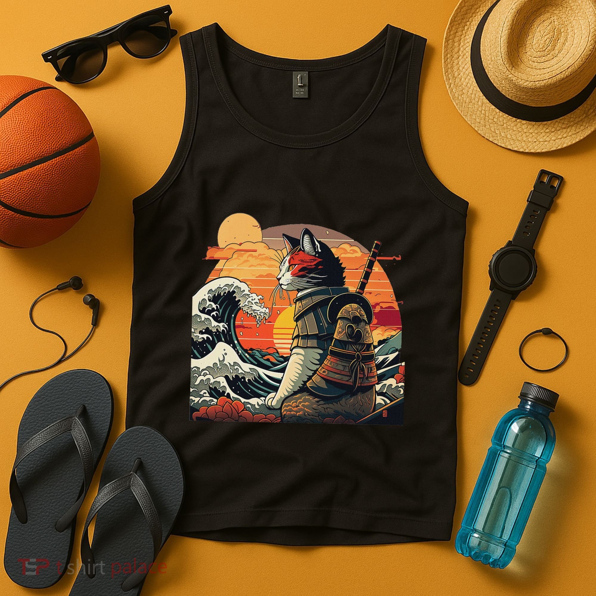Japanese Retro Samurai Cat The Great Wave By Hokusai Tank Top
