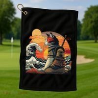 Japanese Retro Samurai Cat The Great Wave By Hokusai Golf Towel thumb 1